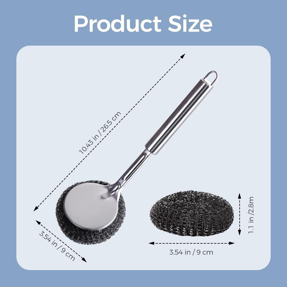 Long Handle Steel Wool Brush Set – 6 Replacement Heads & 1 Long Handle, Heavy-Duty Scrubber for Dishes, Outdoor Grill, Rust Removal, Floors, Commercial Flat Top, Drill & Kitchen Cleaning