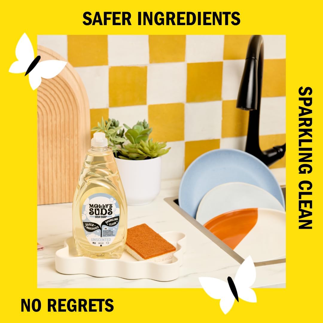 Molly's Suds Liquid Dish Soap | Clean, Simple Ingredients | Extra Scrubbing Power | Unscented, 24 oz - 2 Pack