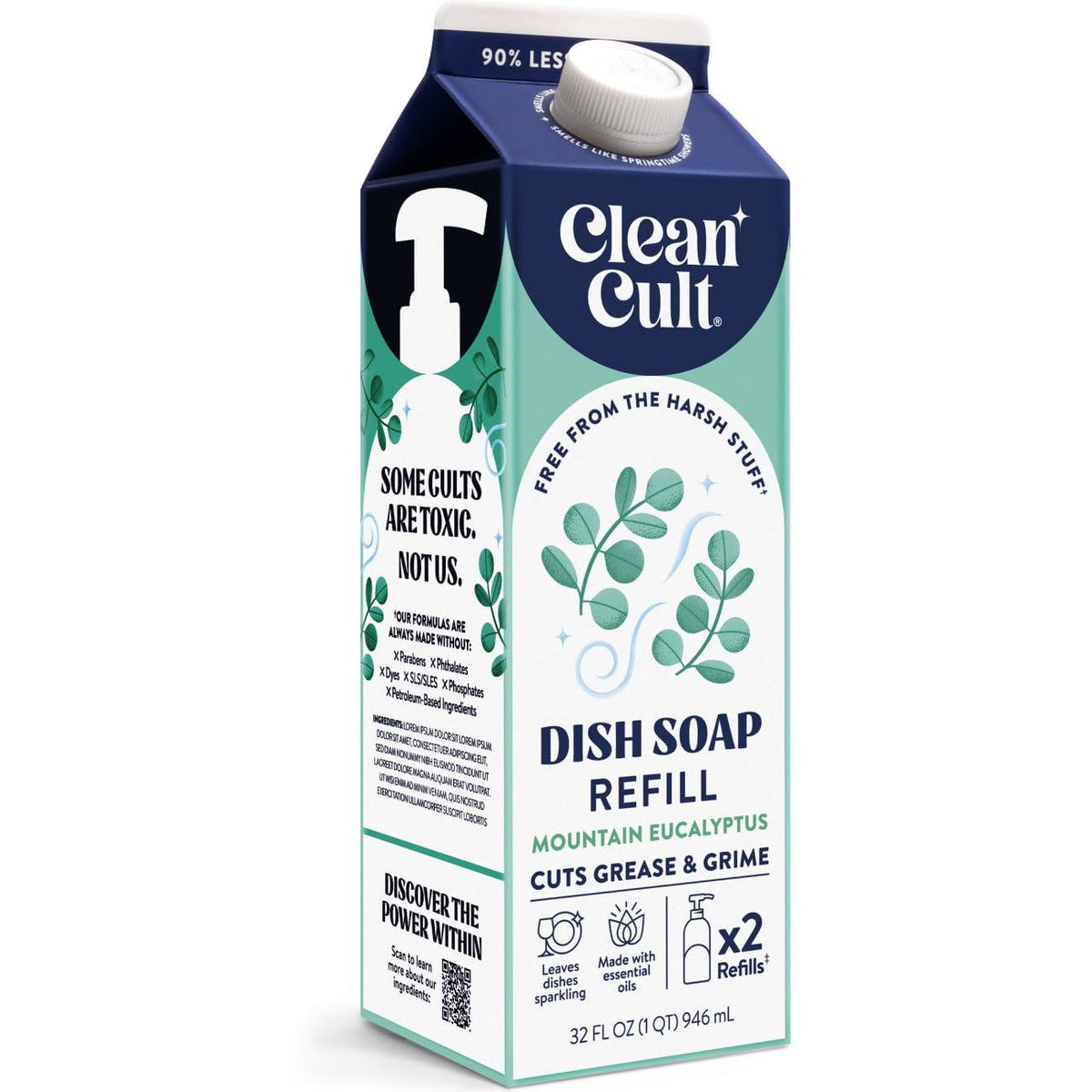 Cleancult Dish Soap Liquid Refill (32oz, 1 Pack) - Plant Based Cleaning Power - Dish Soap that Cuts Grease & Grime - Free of Harsh Chemicals - Uses 90% Less Plastic - Lemon Verbena