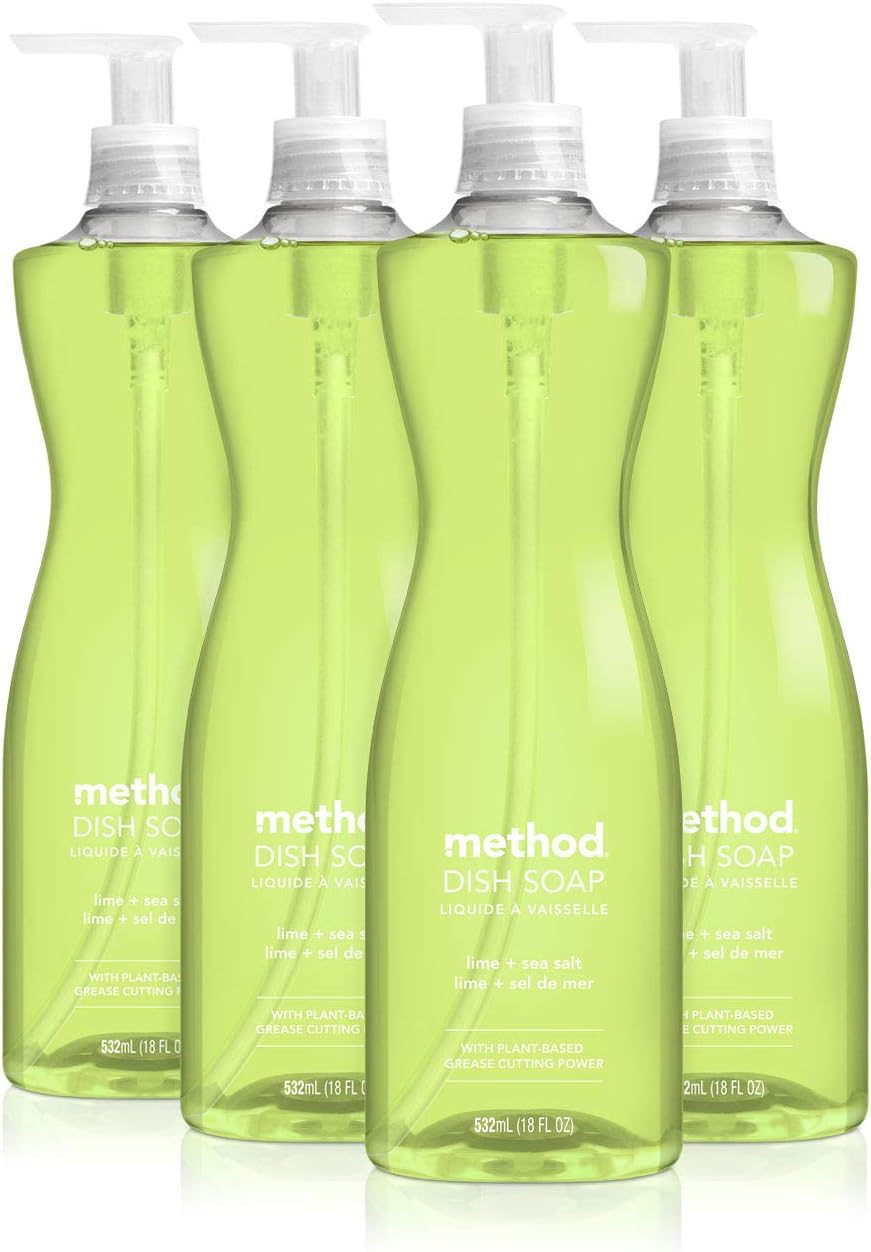 Method Gel Dish Soap, Lime + Sea Salt, Tough on Grease, 18 Fl Oz (Pack of 4)
