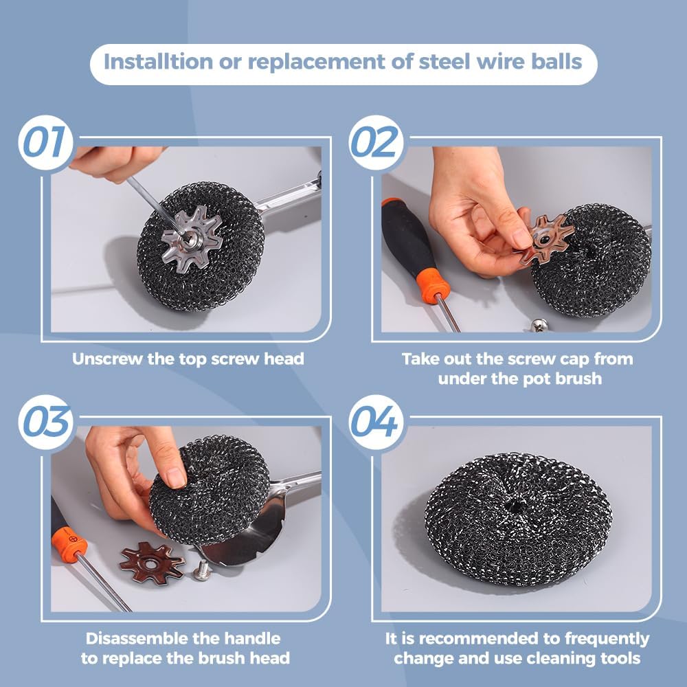 Long Handle Steel Wool Brush Set – 6 Replacement Heads & 1 Long Handle, Heavy-Duty Scrubber for Dishes, Outdoor Grill, Rust Removal, Floors, Commercial Flat Top, Drill & Kitchen Cleaning