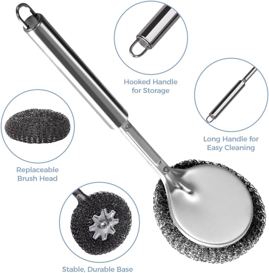 Long Handle Steel Wool Brush Set – 6 Replacement Heads & 1 Long Handle, Heavy-Duty Scrubber for Dishes, Outdoor Grill, Rust Removal, Floors, Commercial Flat Top, Drill & Kitchen Cleaning