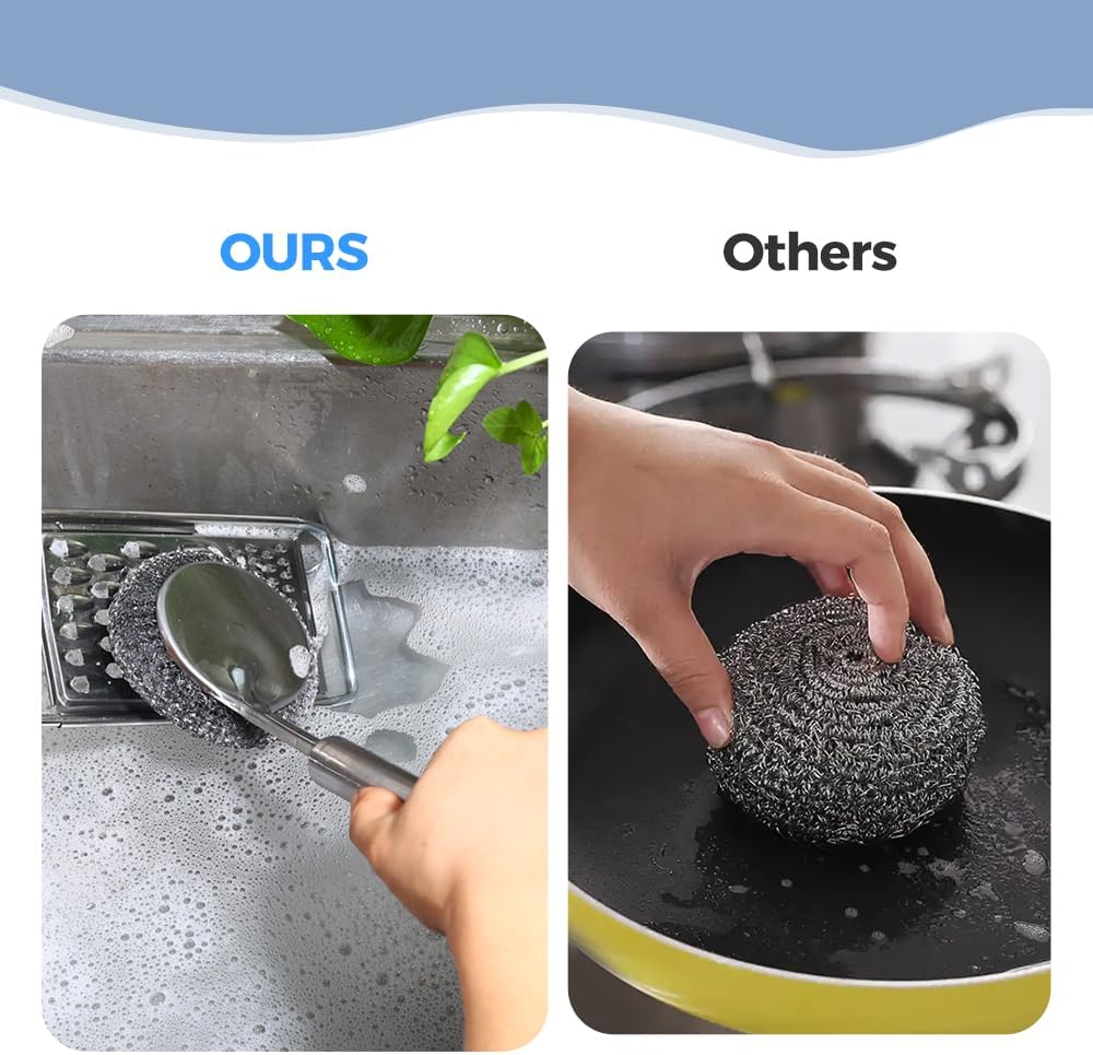 Long Handle Steel Wool Brush Set – 6 Replacement Heads & 1 Long Handle, Heavy-Duty Scrubber for Dishes, Outdoor Grill, Rust Removal, Floors, Commercial Flat Top, Drill & Kitchen Cleaning