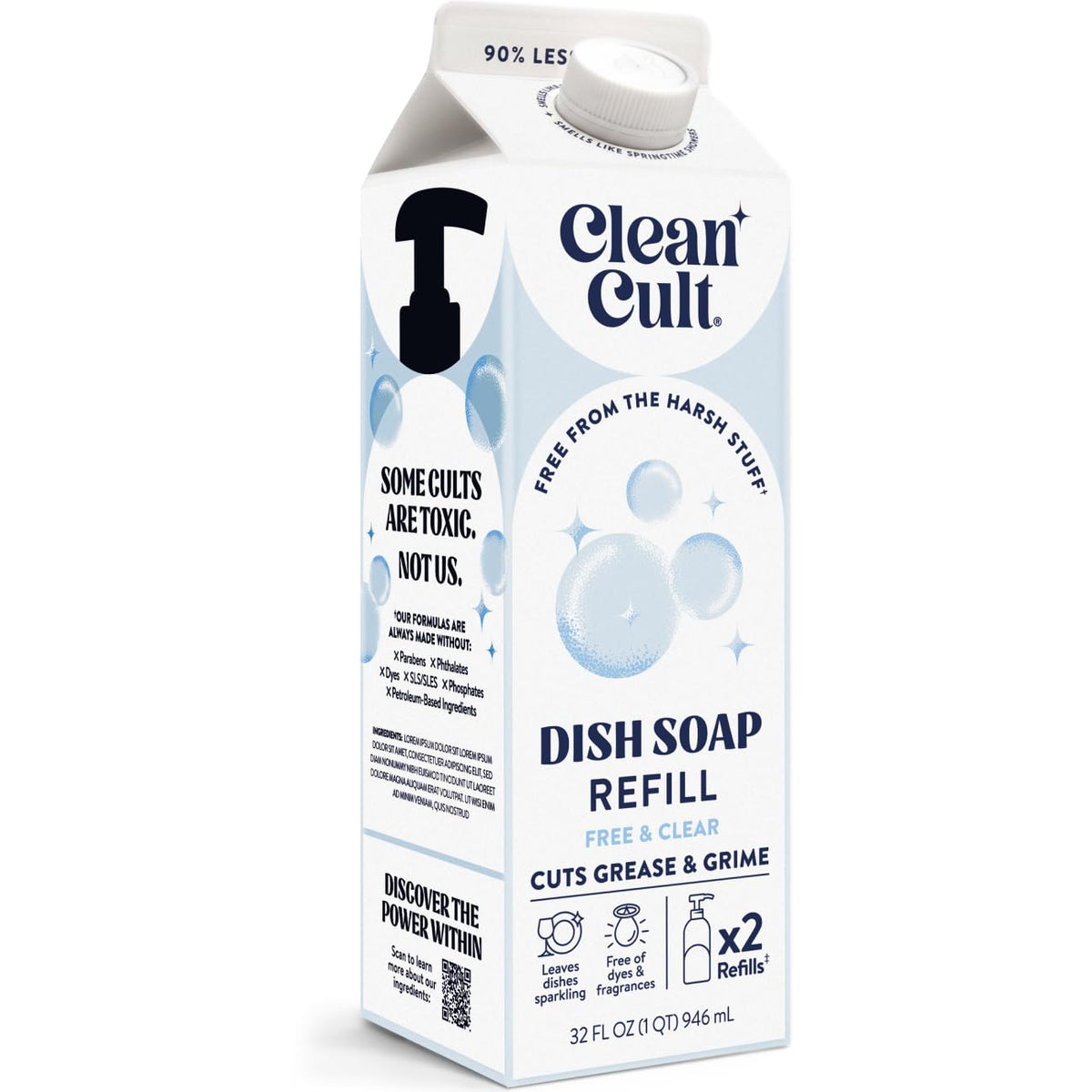 Cleancult Dish Soap Liquid Refill (32oz, 1 Pack) - Plant Based Cleaning Power - Dish Soap that Cuts Grease & Grime - Free of Harsh Chemicals - Uses 90% Less Plastic - Lemon Verbena
