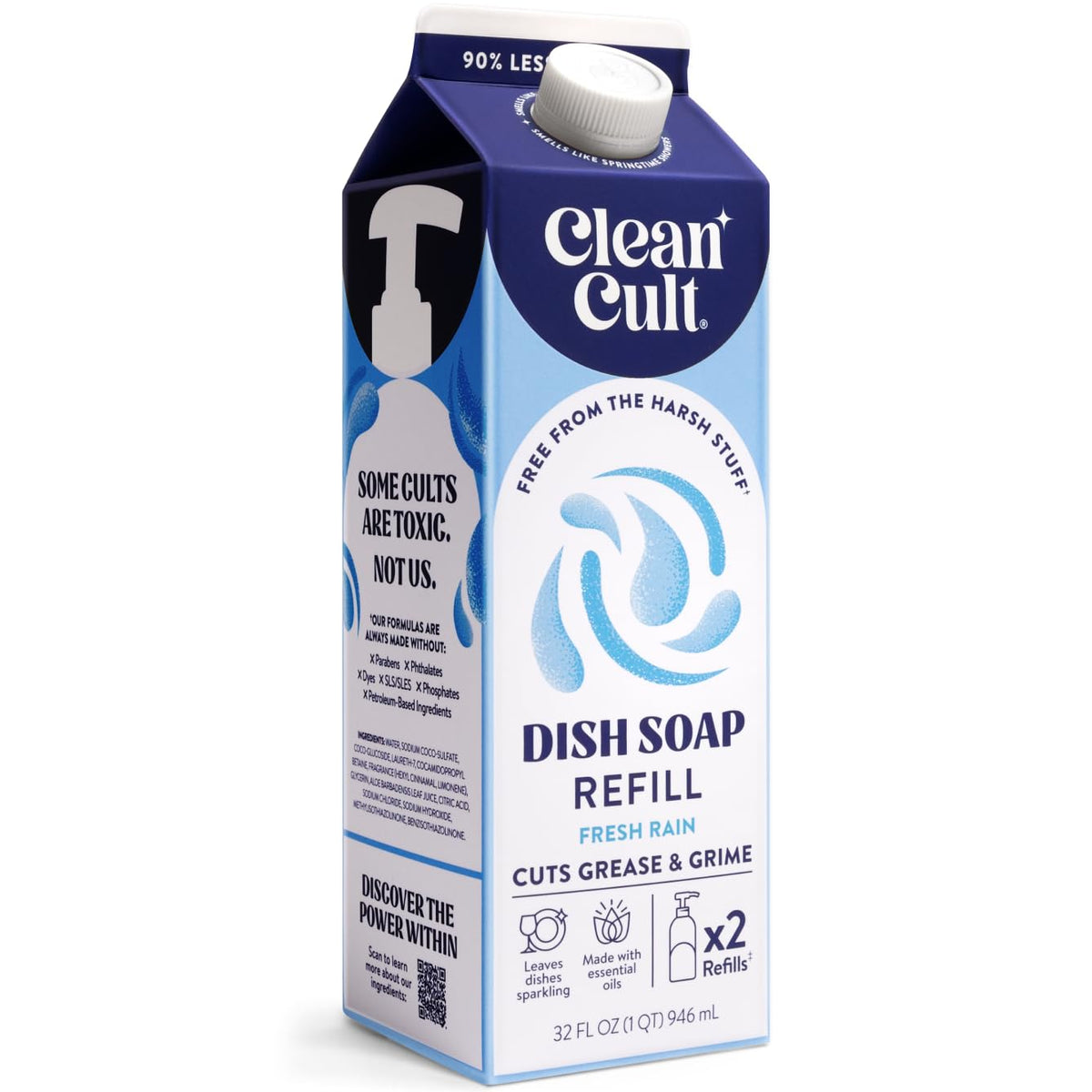 Cleancult Dish Soap Liquid Refill (32oz, 1 Pack) - Plant Based Cleaning Power - Dish Soap that Cuts Grease & Grime - Free of Harsh Chemicals - Uses 90% Less Plastic - Lemon Verbena