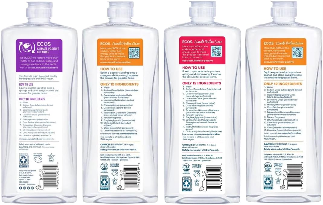 ECOS Plant Based Dish Soap Variety Pack - Natural Dishwashing Liquid Cuts Grease - Hypoallergenic for Sensitive Skin - Free & Clear, Lavender, Grapefruit, Pear - 25 Oz (4 Pack)