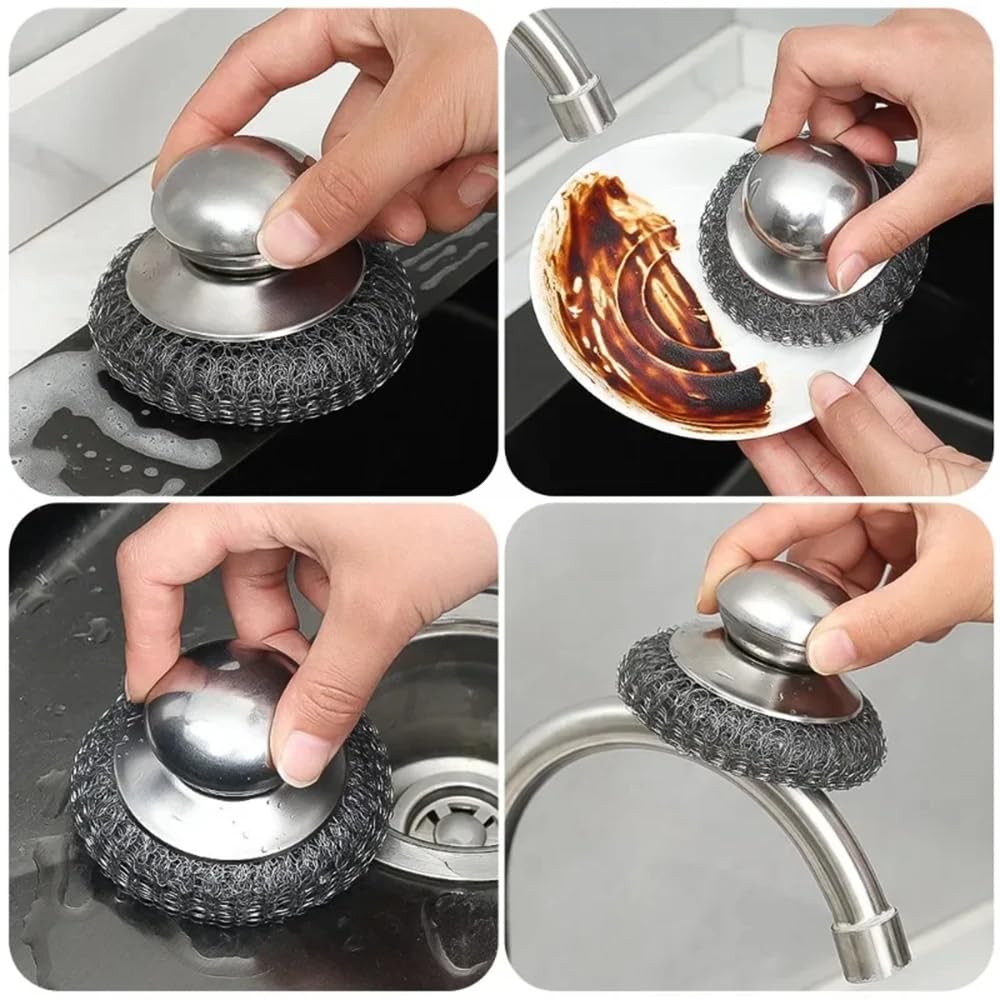 4pcs Steel Wool Scrubber with Replacement Wire Sponge Pads Set, Stainless Steel Scrubber with Handle for Scouring Stubborn Messes from Cast Iron, Pots, Pans, Grill, Stoves, Sink(2 Scrubber+2 Pads)