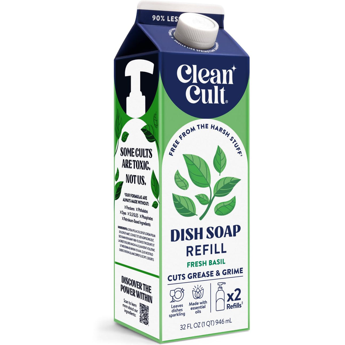 Cleancult Dish Soap Liquid Refill (32oz, 1 Pack) - Plant Based Cleaning Power - Dish Soap that Cuts Grease & Grime - Free of Harsh Chemicals - Uses 90% Less Plastic - Lemon Verbena