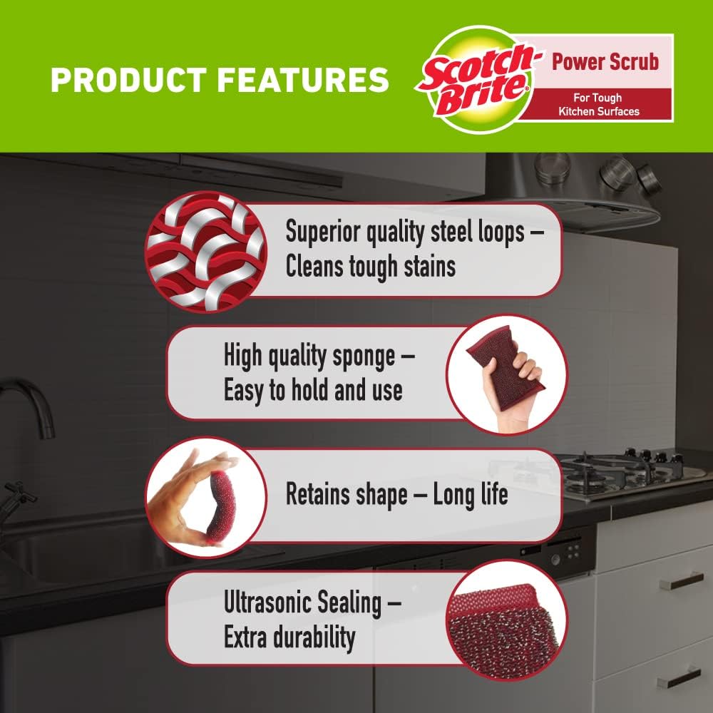 Scotch-Brite Power Scrub with Steel Mesh for Utensil Cleaning | Removes Tough Stains | Utensil Scrubber | Pack of 5