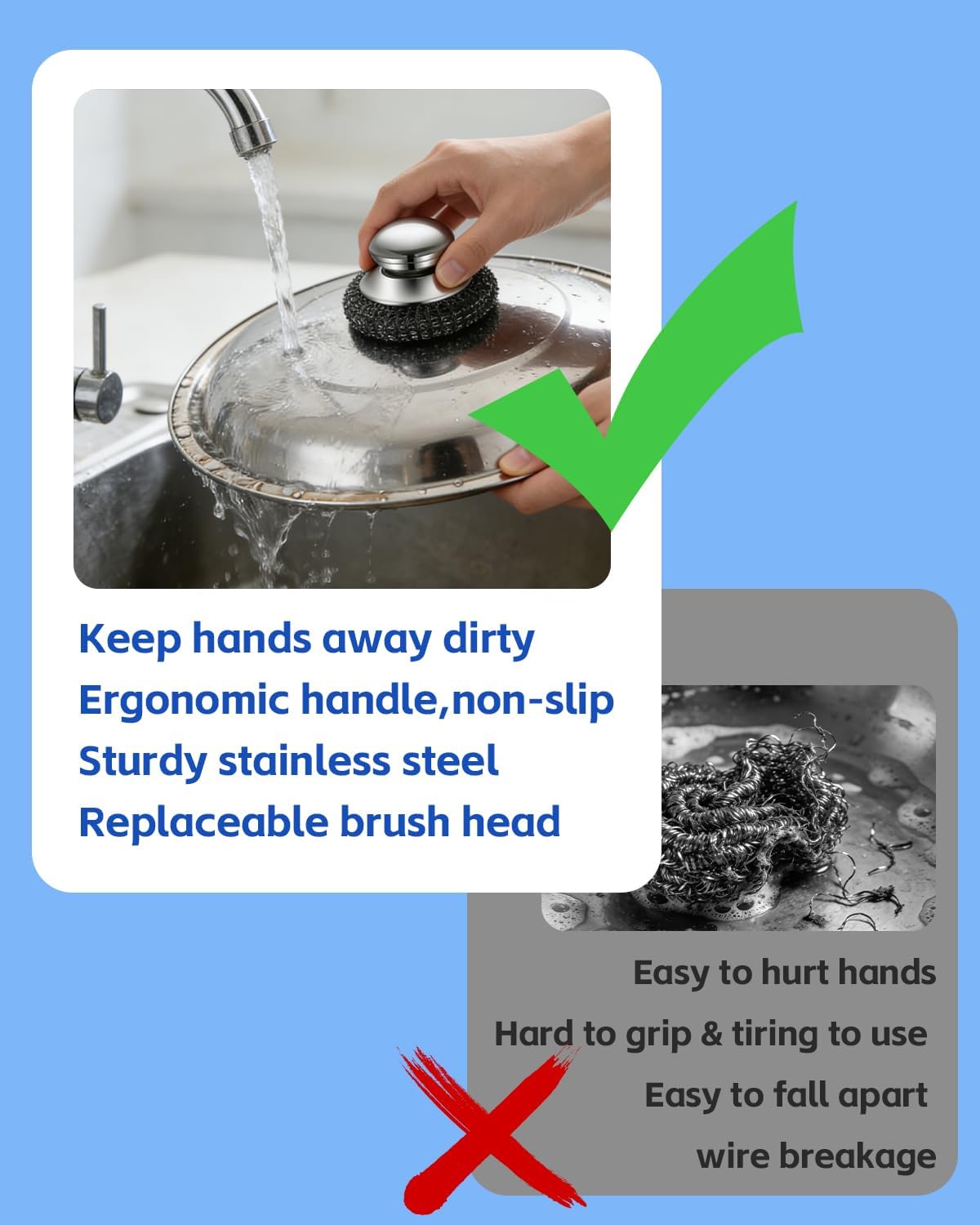 Stainless Steel Scrubber with Handle, Includes 2 Replacement Steel Wool Pads, Heavy-Duty Scouring Brush for Pots, Pans, Stovetops and Kitchen Cleaning