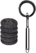 Long Handle Steel Wool Brush Set – 6 Replacement Heads & 1 Long Handle, Heavy-Duty Scrubber for Dishes, Outdoor Grill, Rust Removal, Floors, Commercial Flat Top, Drill & Kitchen Cleaning