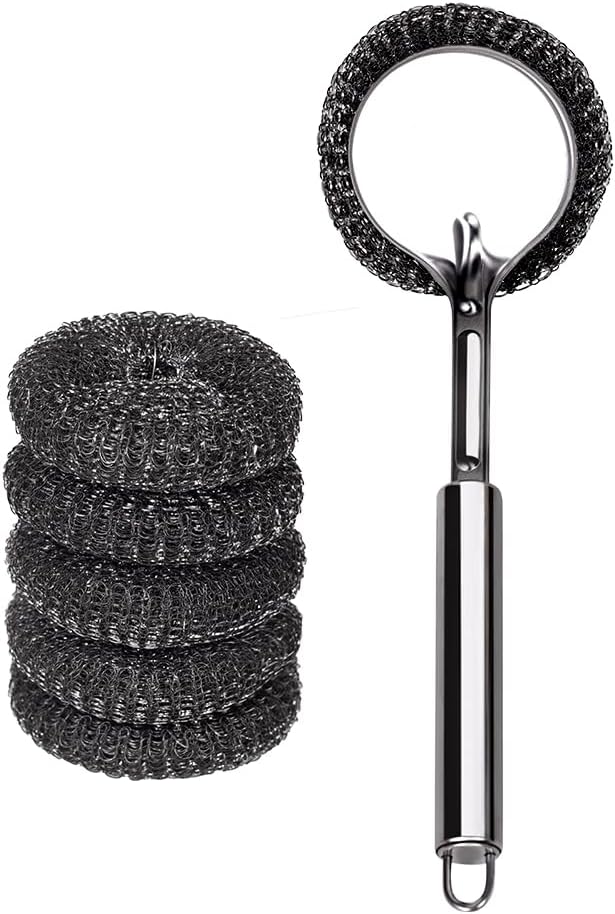 Long Handle Steel Wool Brush Set – 6 Replacement Heads & 1 Long Handle, Heavy-Duty Scrubber for Dishes, Outdoor Grill, Rust Removal, Floors, Commercial Flat Top, Drill & Kitchen Cleaning