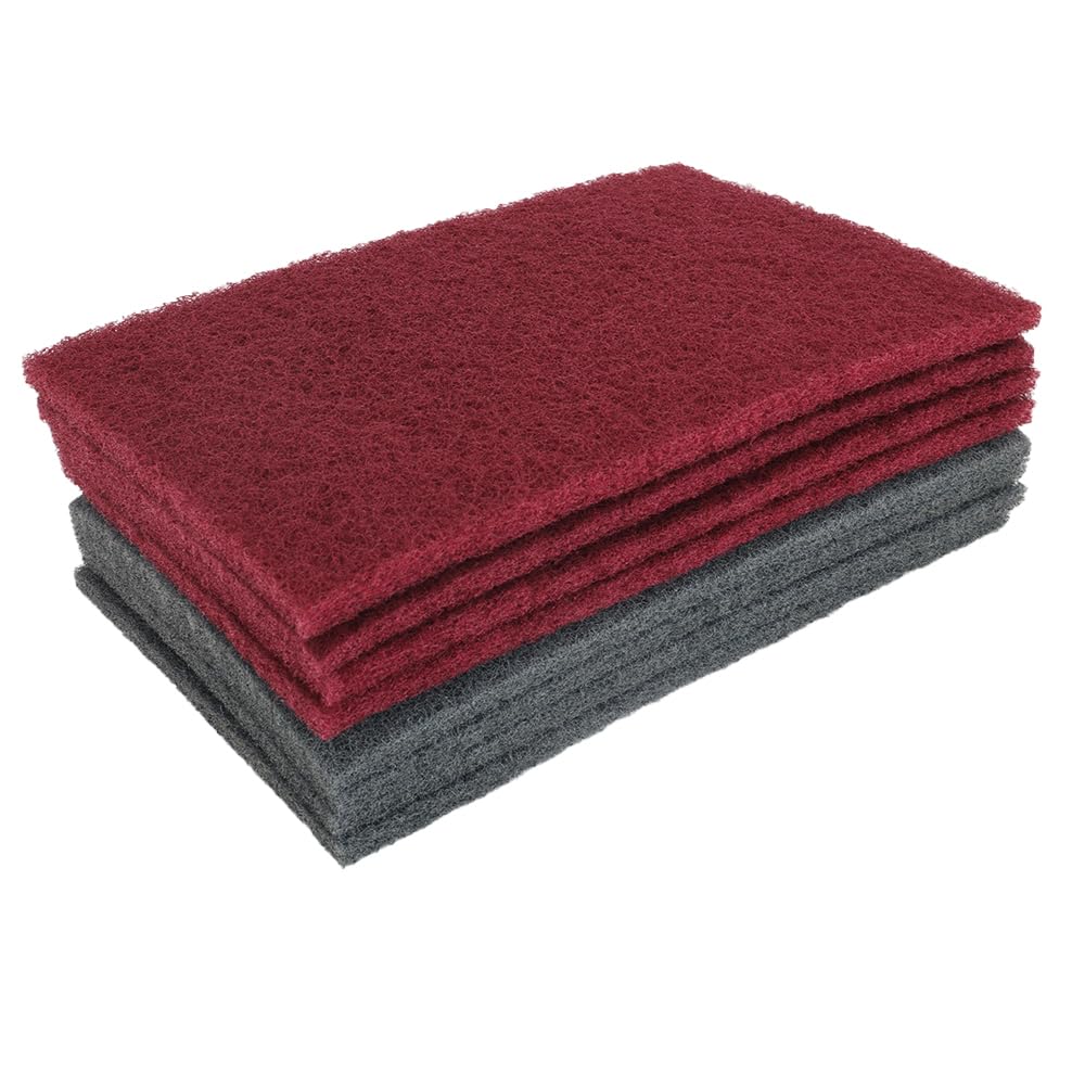 6"x9" Scuff Pads 8 Pack - 4 Maroon 320 & 4 Gray 800 Grit for Paint Prep, Auto Body & Woodworking, Non-Woven, Reusable Wet or Dry, Resists Clogging & Tearing