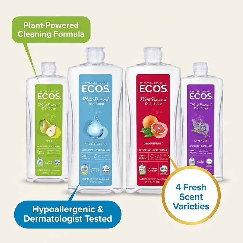 ECOS Plant Based Dish Soap Variety Pack - Natural Dishwashing Liquid Cuts Grease - Hypoallergenic for Sensitive Skin - Free & Clear, Lavender, Grapefruit, Pear - 25 Oz (4 Pack)