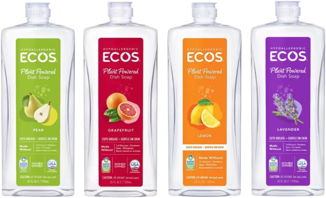 ECOS Plant Based Dish Soap Variety Pack - Natural Dishwashing Liquid Cuts Grease - Hypoallergenic for Sensitive Skin - Free & Clear, Lavender, Grapefruit, Pear - 25 Oz (4 Pack)