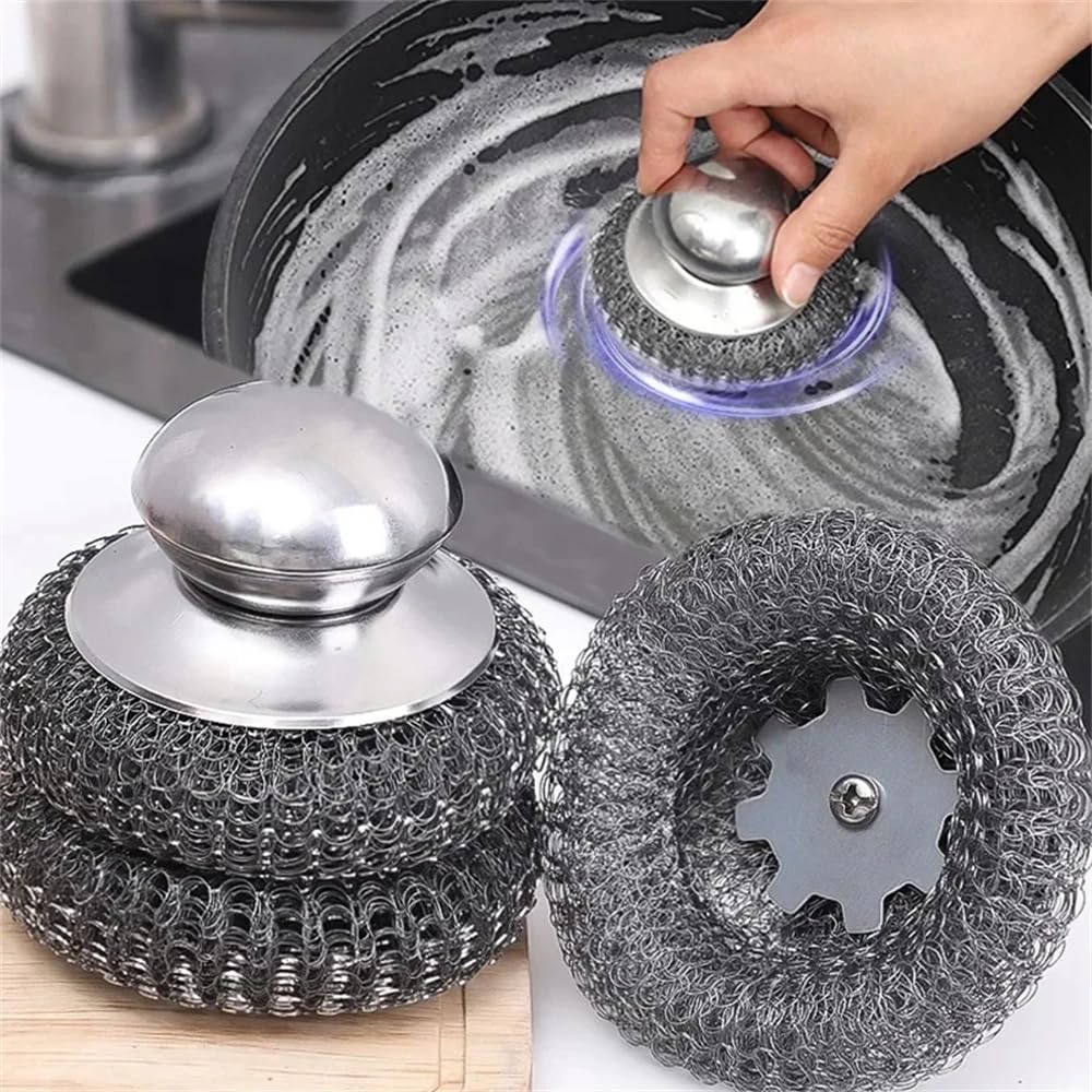 4pcs Steel Wool Scrubber with Replacement Wire Sponge Pads Set, Stainless Steel Scrubber with Handle for Scouring Stubborn Messes from Cast Iron, Pots, Pans, Grill, Stoves, Sink(2 Scrubber+2 Pads)