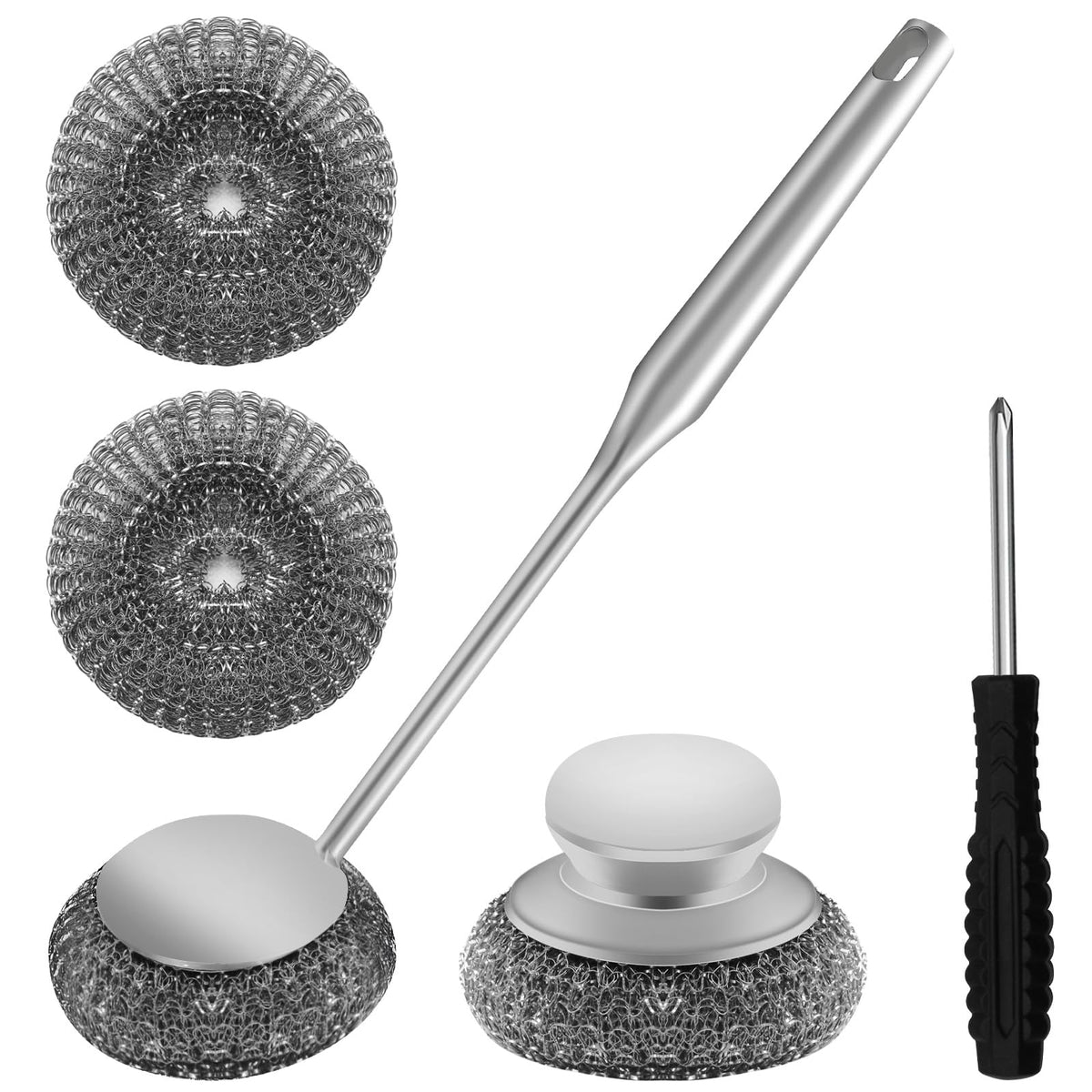 Stainless Steel Wool Scrubber with 2 Replacement Pads - Clean Metal Pans, Pots, Grills & More