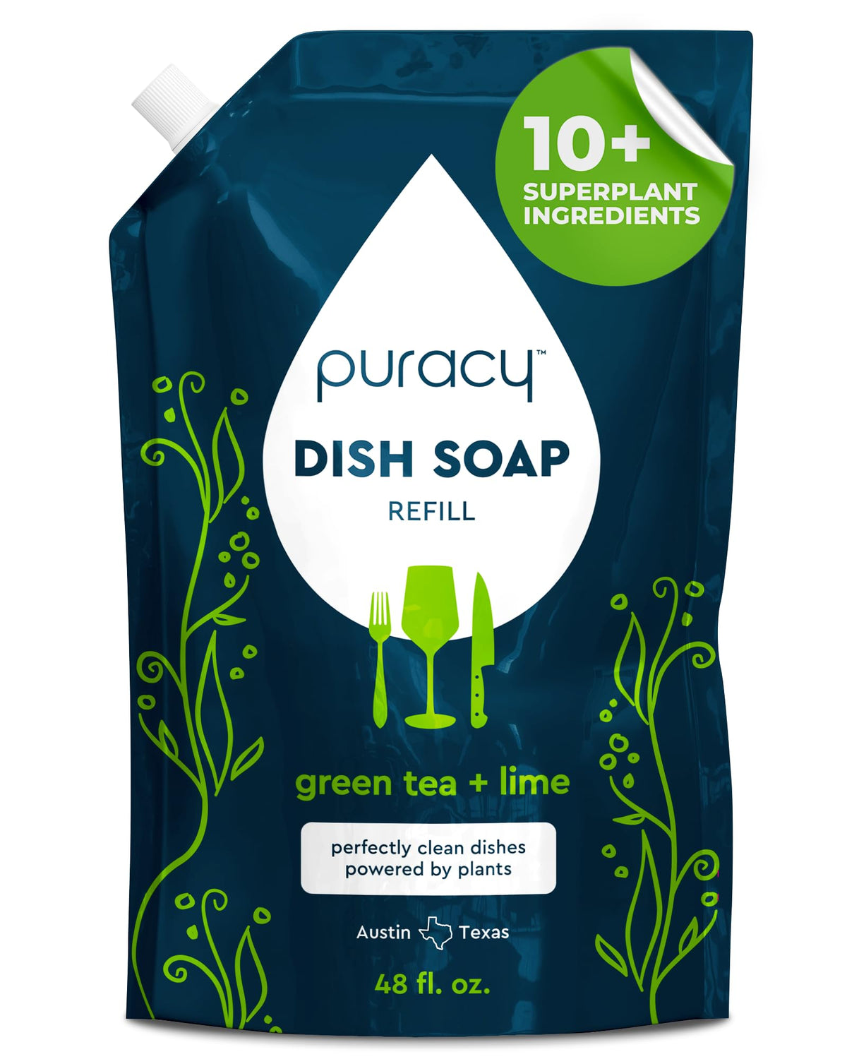 Puracy Natural Dish Soap Refill - Skin-Softening Plant-Based Liquid Dishwashing Detergent Soap, Clean-Rinsing Water-Sheeting Formula (Green Tea & Lime, 48 fl oz)