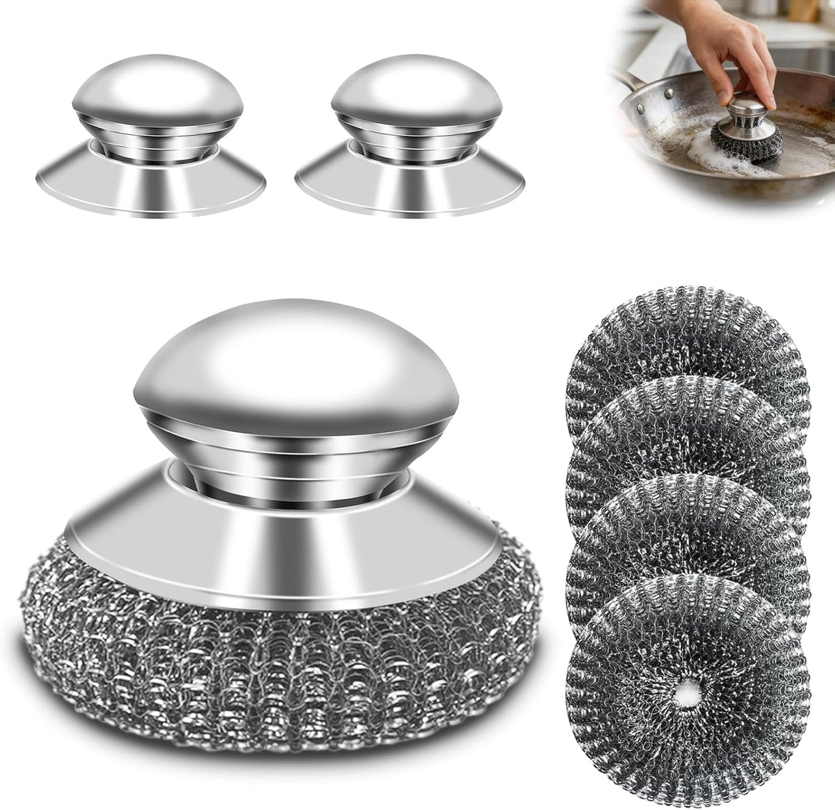 Stainless Steel Scrubber with Handle, Includes 2 Replacement Steel Wool Pads, Heavy-Duty Scouring Brush for Pots, Pans, Stovetops and Kitchen Cleaning