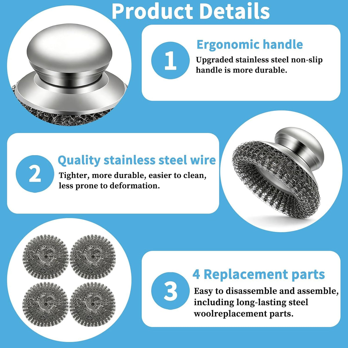 5 Pcs Steel Wool Scrubber Set with Handle, Stainless Steel Scouring Pads for Cast Iron Pans, Grill & Sink Cleaning (1 Scrubber + 4 Pads)