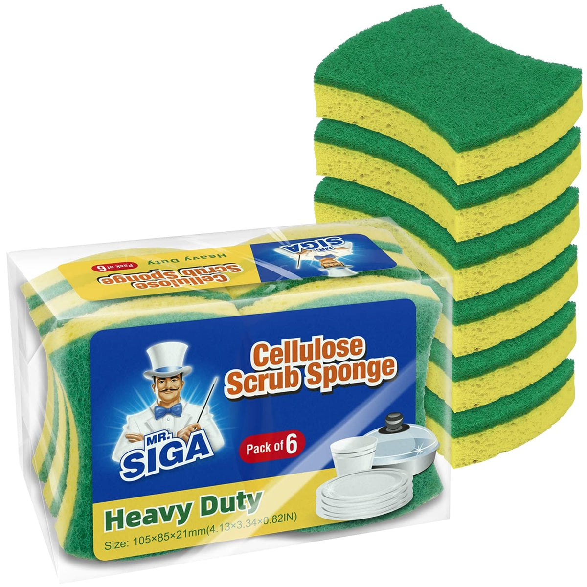 MR.SIGA Non-Scratch Cellulose Scrub Sponge, Dual-Sided Dish Sponge, 12 Pack