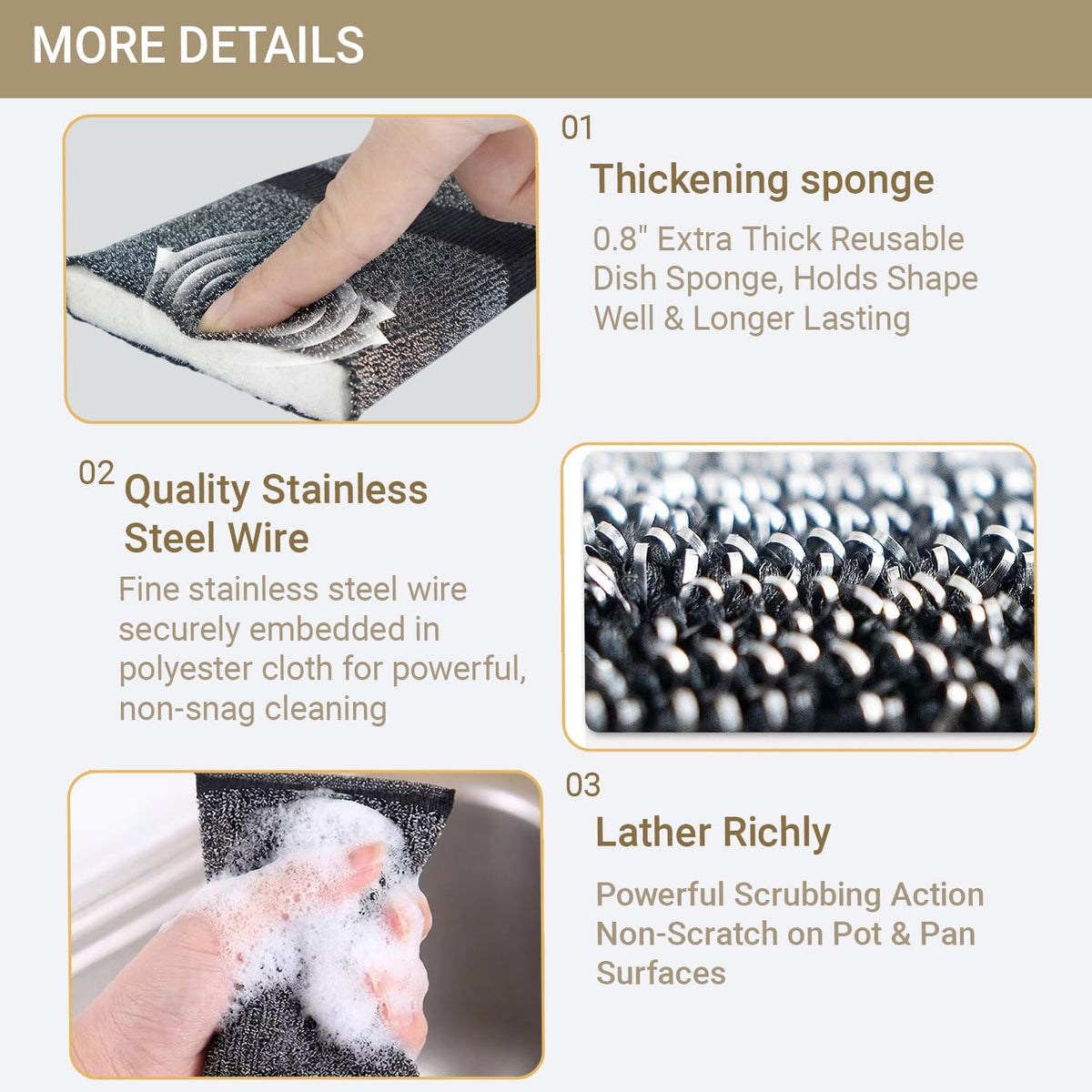 6 Pack Heavy Duty Steel Wool Scrubber Sponges, Stainless Steel Scrubbing Sponge for Pots, Pans & Grills, Multi-Surface Kitchen Dish Scrubber for Cast Iron & Griddle, Black