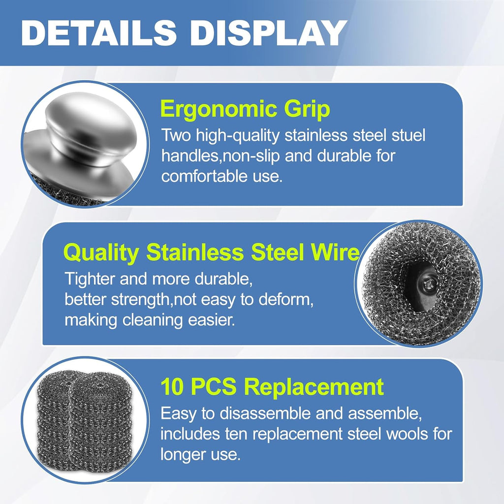 10Pcs Steel Wool Scrubber, Steel Wool Pads with 2Pcs Handle, Stainless Steel Scrubber for Dishes, Kitchen, Cleaning, Stoves, Pots and Pans, Grill, Wash Sink, Cleaning Dishes