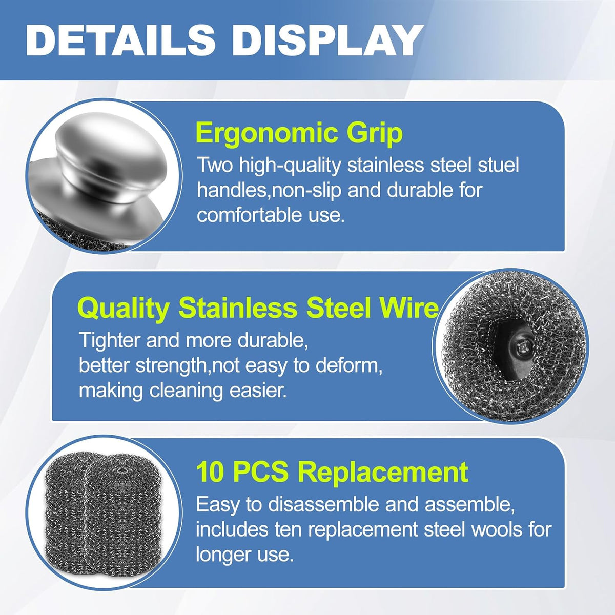 10Pcs Steel Wool Scrubber, Steel Wool Pads with 2Pcs Handle, Stainless Steel Scrubber for Dishes, Kitchen, Cleaning, Stoves, Pots and Pans, Grill, Wash Sink, Cleaning Dishes