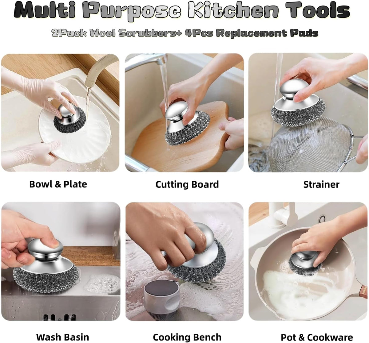 6 Pcs Steel Wool Scrubber Stainless Steel Scrubber with Handled