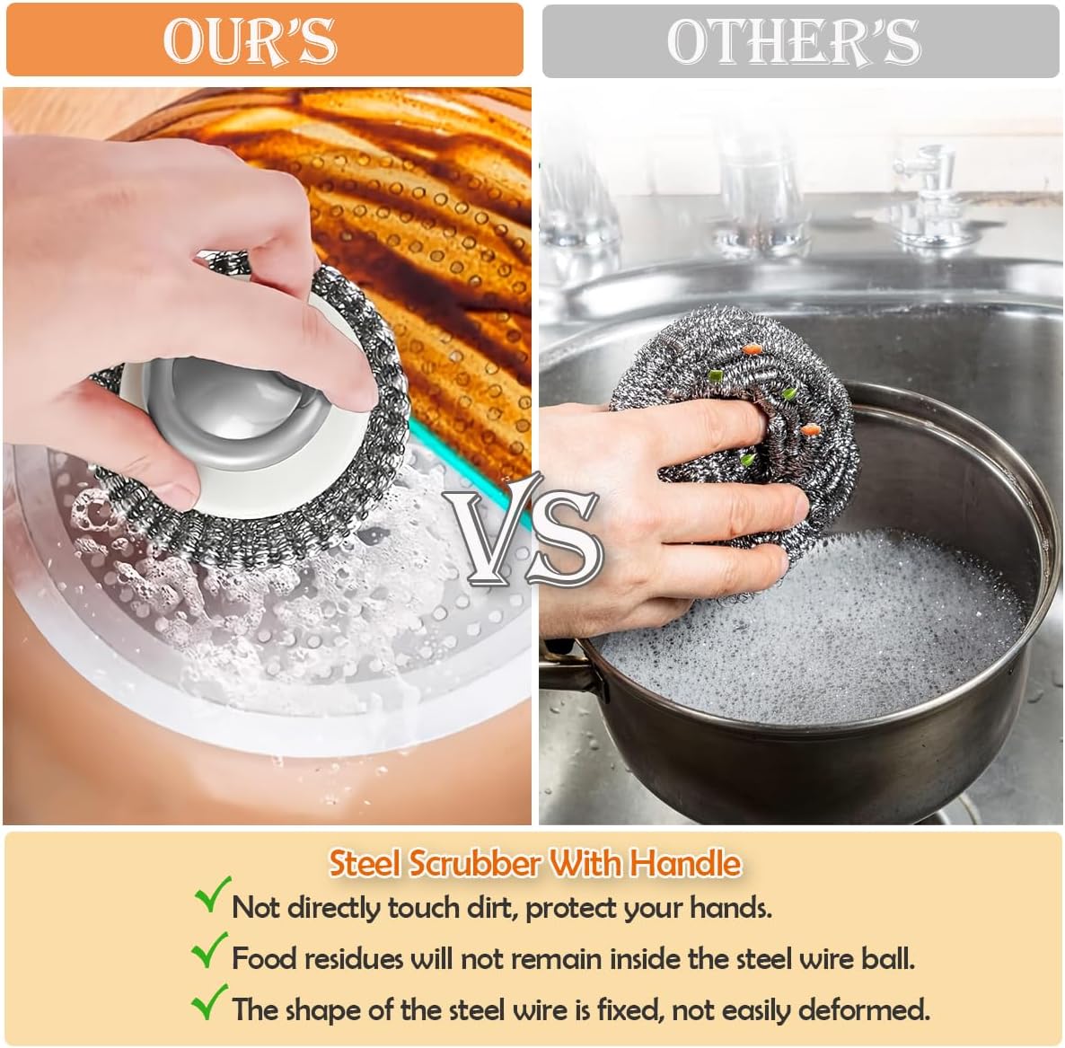 2Pcs Stainless Steel Scrubber with Handle, Steel Wool Scrubber Tool for Cleaning Dishes, Scrubbing Scouring Brush Pad for Kitchen Pots, Pans, Sink