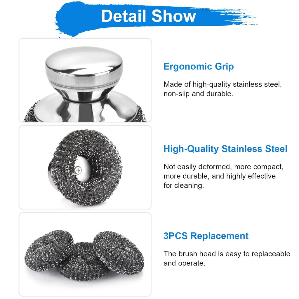 5PCS Stainless Steel Scrubber Pads, with 2Pcs Handle