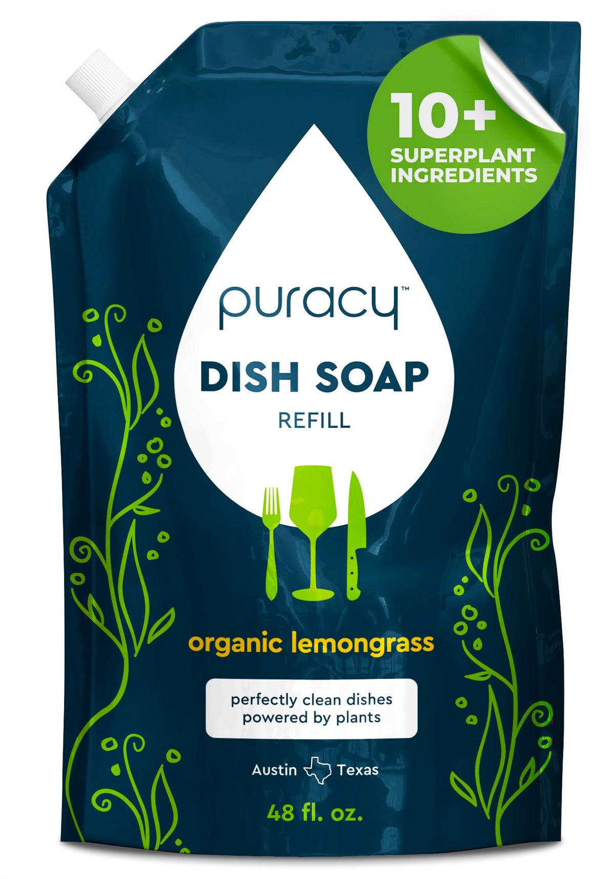 Puracy Natural Dish Soap Refill - Skin-Softening Plant-Based Liquid Dishwashing Detergent Soap, Clean-Rinsing Water-Sheeting Formula (Green Tea & Lime, 48 fl oz)