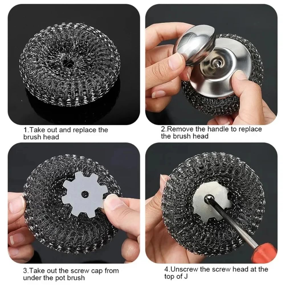 4pcs Steel Wool Scrubber with Replacement Wire Sponge Pads Set, Stainless Steel Scrubber with Handle for Scouring Stubborn Messes from Cast Iron, Pots, Pans, Grill, Stoves, Sink(2 Scrubber+2 Pads)