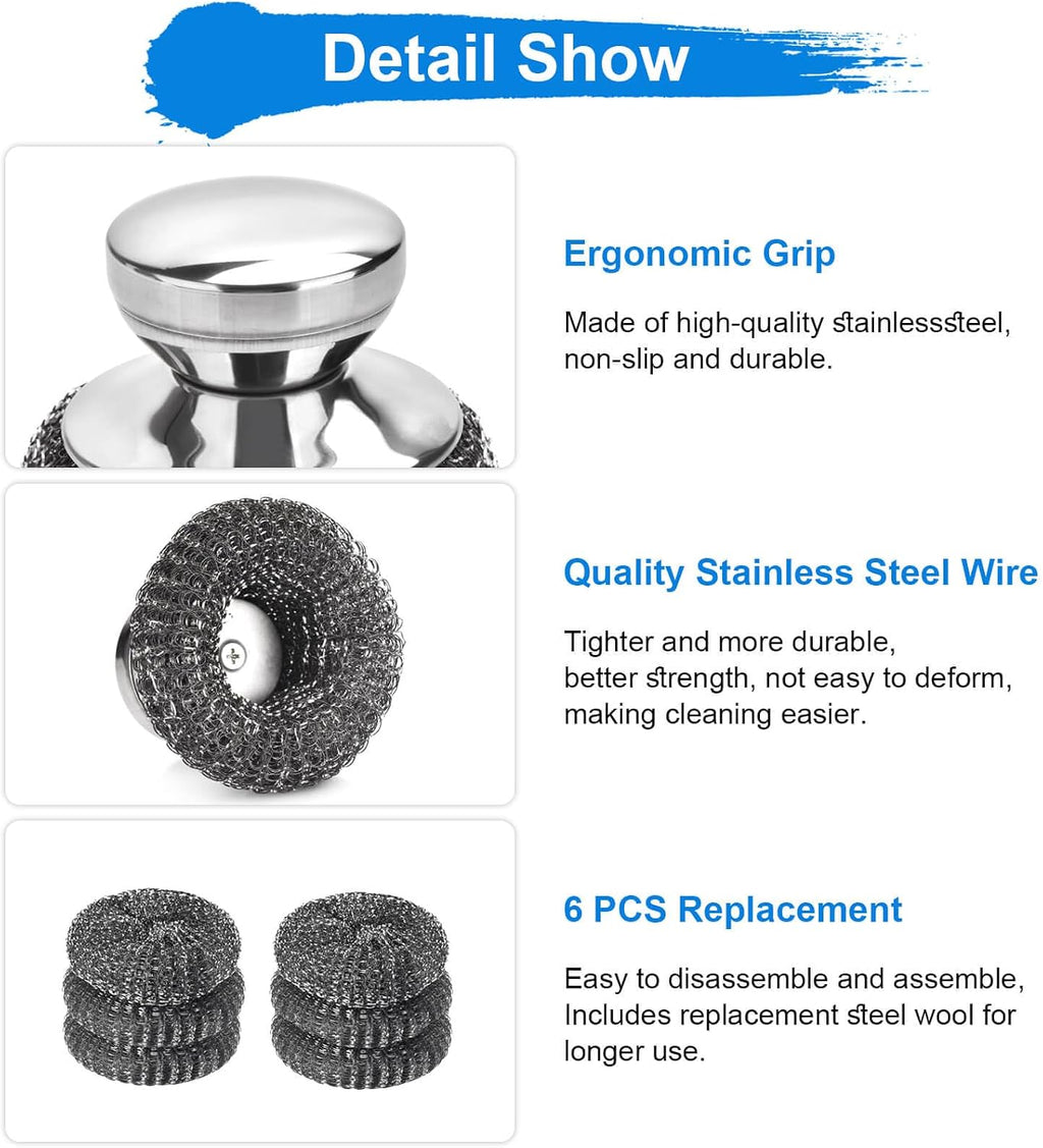 7PCS Steel Wool Scrubber Pads with 1PCS Handle