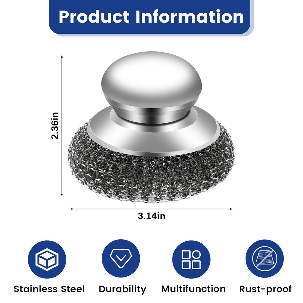 5Pcs Steel Wool Scrubber with Handle - Stainless Steel Scouring Pads Set for Cast Iron, Pans, Grill, Sink Cleaning(1 Scrubber+4 Pads)
