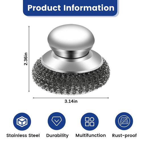 5Pcs Steel Wool Scrubber with Handle - Stainless Steel Scouring Pads Set for Cast Iron, Pans, Grill, Sink Cleaning(1 Scrubber+4 Pads)