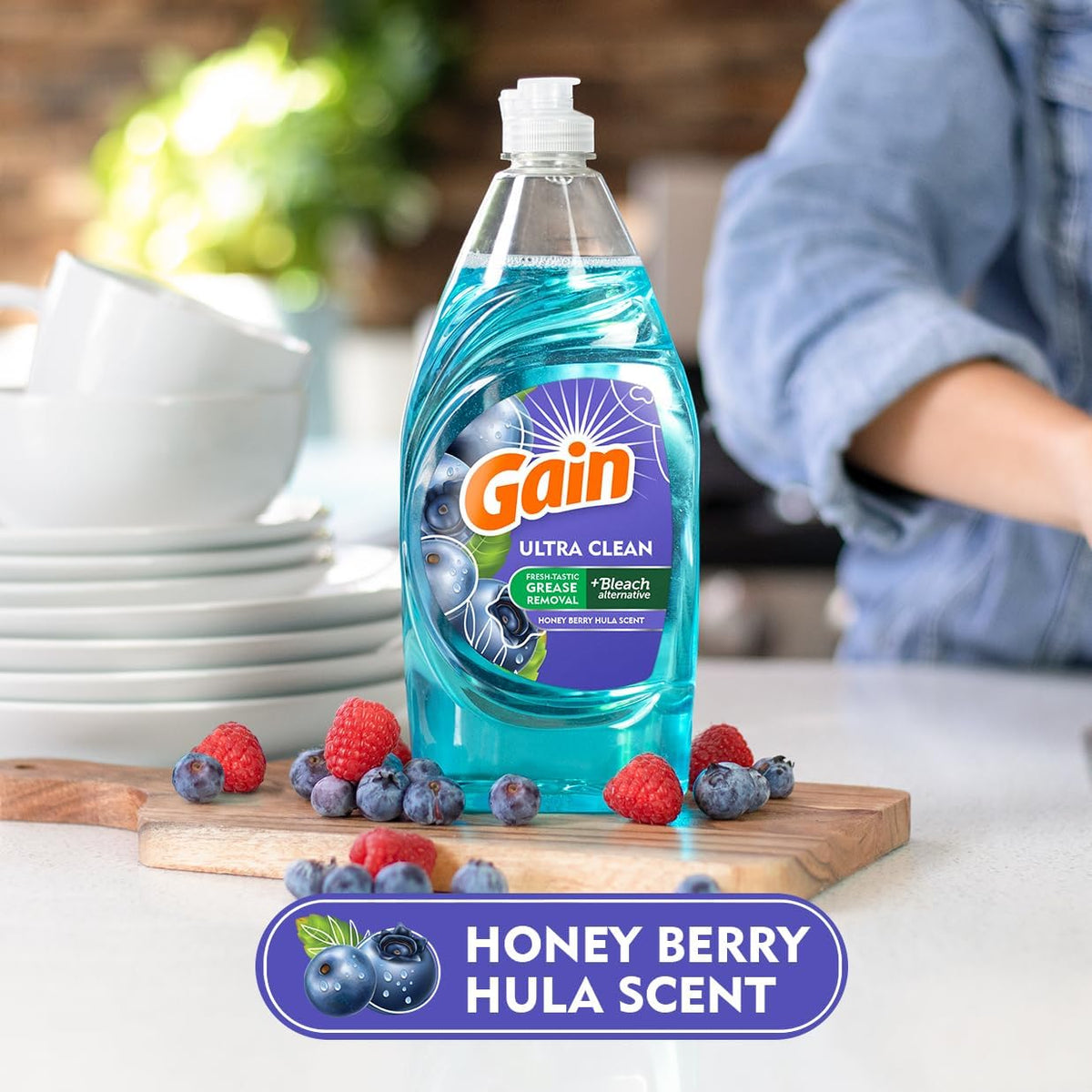Gain Ultra + Bleach Alternative Dish Soap, Dishwashing Liquid, Honey Berry Hula, 21.6 Fl Oz