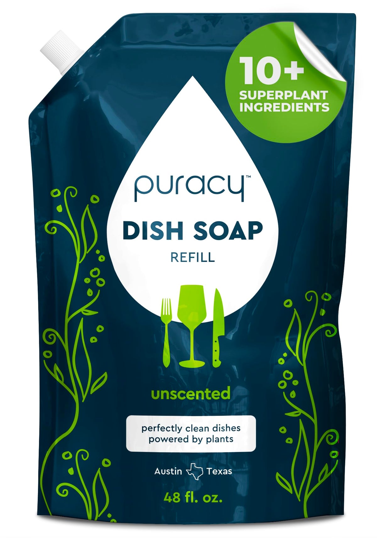 Puracy Natural Dish Soap Refill - Skin-Softening Plant-Based Liquid Dishwashing Detergent Soap, Clean-Rinsing Water-Sheeting Formula (Green Tea & Lime, 48 fl oz)