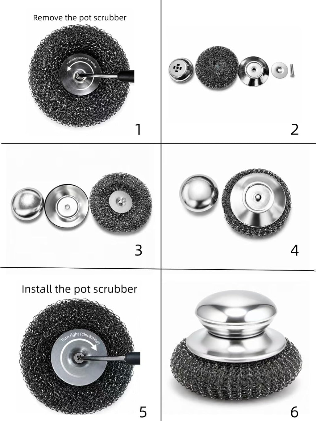 HiramWare Steel Wool Scrubbers with Stainless Steel Handle, 5 Pads