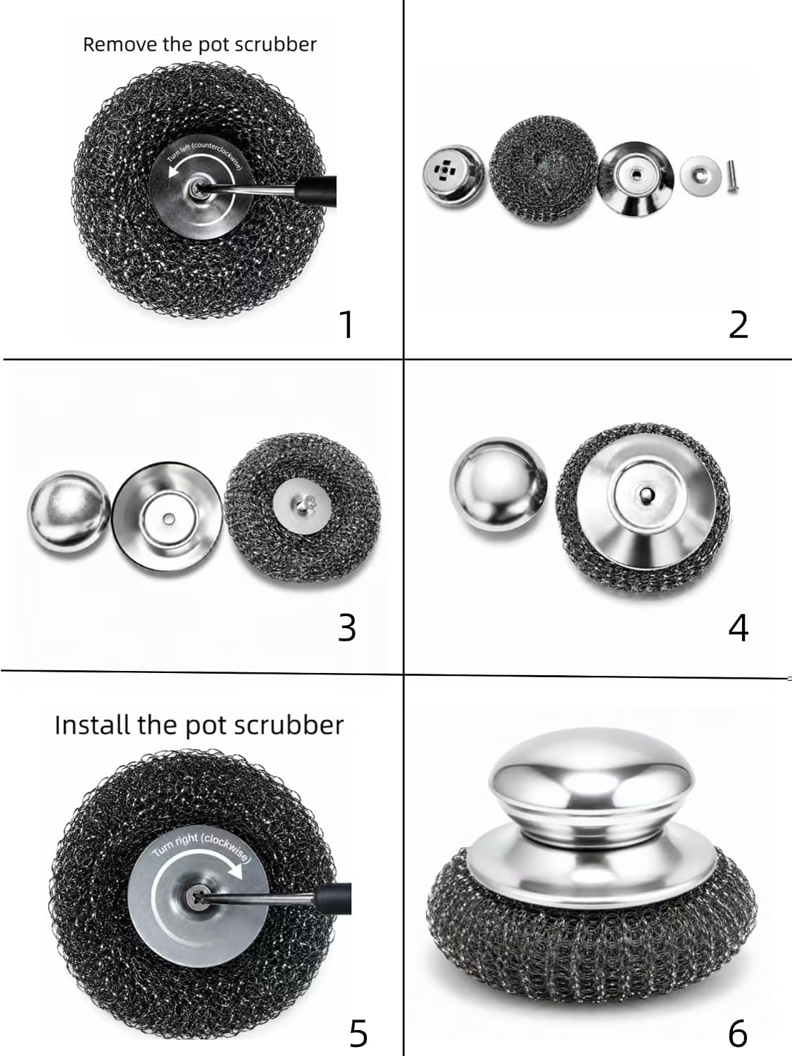 HiramWare Steel Wool Scrubbers with Stainless Steel Handle, 5 Pads