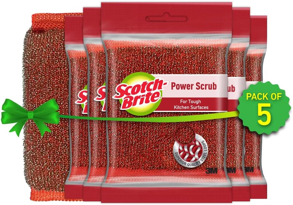 Scotch-Brite Power Scrub with Steel Mesh for Utensil Cleaning | Removes Tough Stains | Utensil Scrubber | Pack of 5
