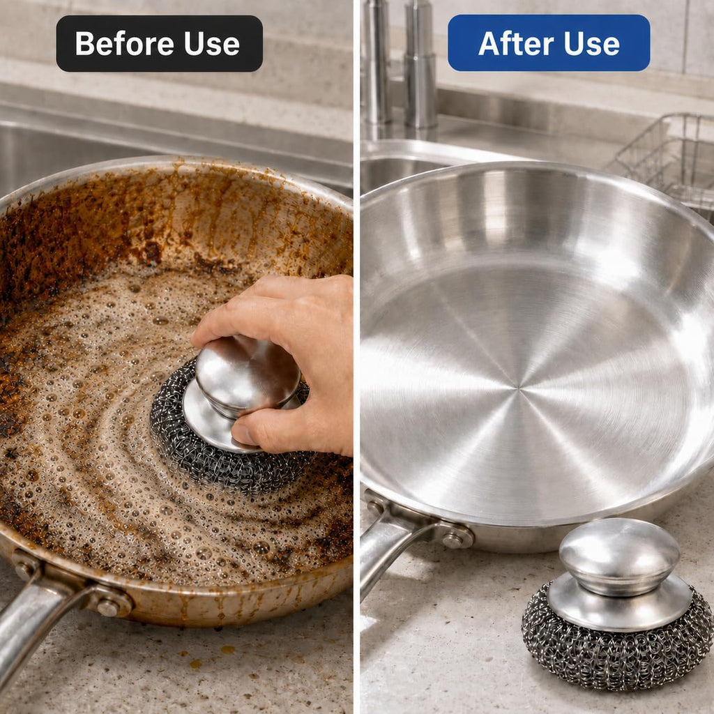 HiramWare Steel Wool Scrubbers with Stainless Steel Handle, 5 Pads