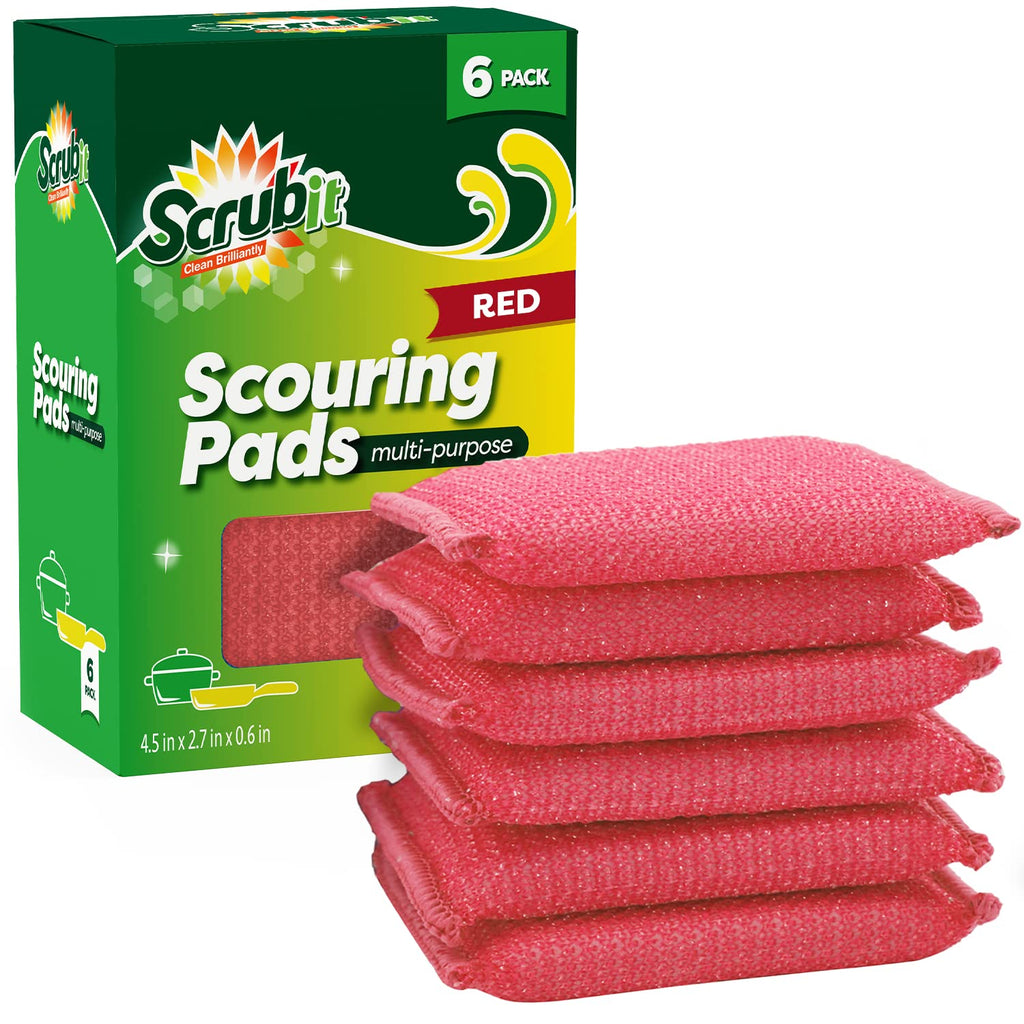 SCRUBIT Multi-Purpose Scouring Pad - Non-Scratch Cleaning Sponges for Pots, Pans, Dishes, Utensils & Non-Stick Cookware - Scrubbing Pads Use for Kitchen, Bathroom - 6 Pack Dish Sponge- (Red)