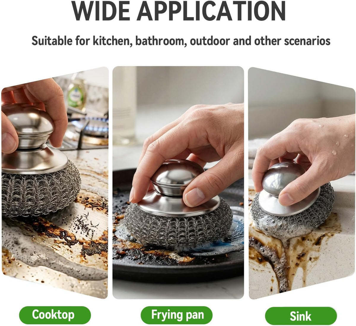 5 Pcs Steel Wool Scrubber with Handle: Stainless Steel Scrub Set for Cast Iron Scouring Stubborn Messes from Cast Iron, Pots, Pans, Grill, Stoves, Sink (1 Scrubber + 5 Pads)