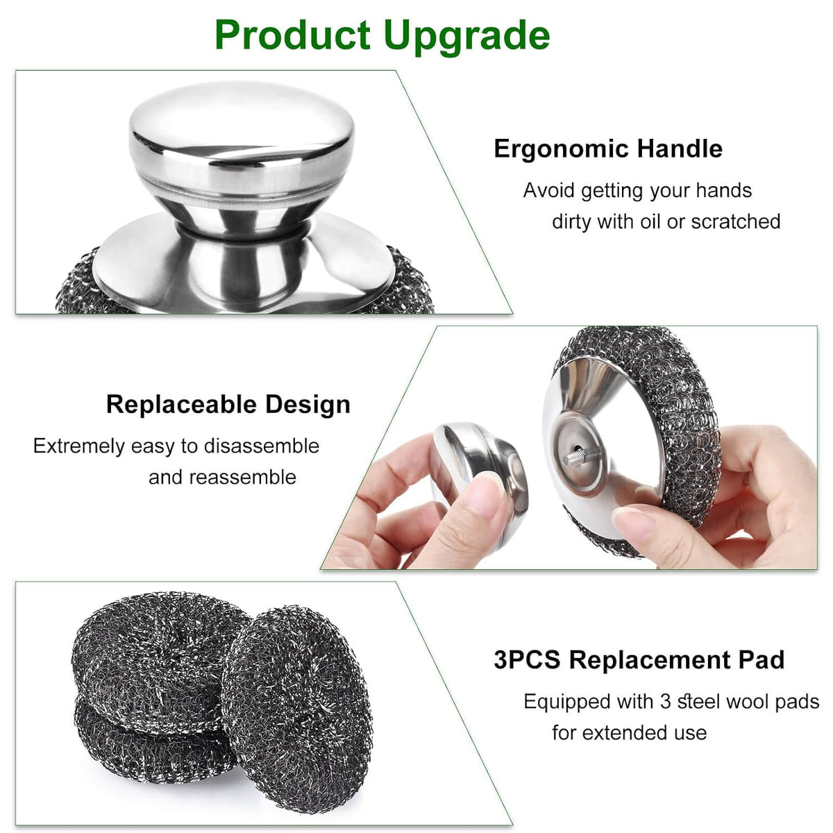 4PCS Steel Wool Scrubber Pads, Stainless Steel Scrubber Set with 3Pcs Steel Wool Pads, Steel Scrubber for Dishes, Ideal for Cleaning Cast Iron, Pots, Pans, Grills, Stoves, Sink, Kitchen Household