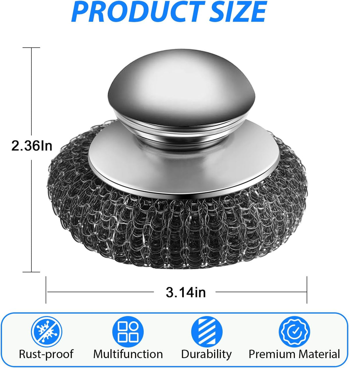4-Pack Replaceable Steel Wool Scrubber with 2 Handles & 2 Brush Heads, Powerful Stainless Steel Cleaner for Pots, Pans, Grill, Stove Top - Remove Burnt Grease & Stubborn Grime