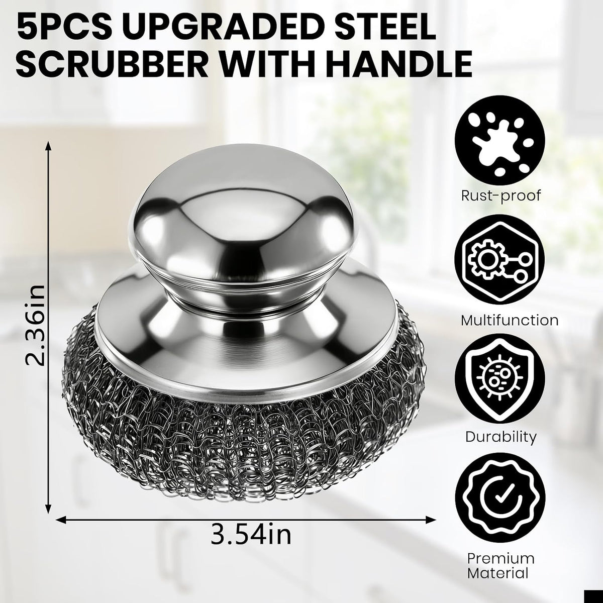 Steel Wool Scrubber with Handle, Stainless Steel, 5 Pack, for Cast Iron, Pots, Pans, Grill, Stoves, Sink (Sliver, M)