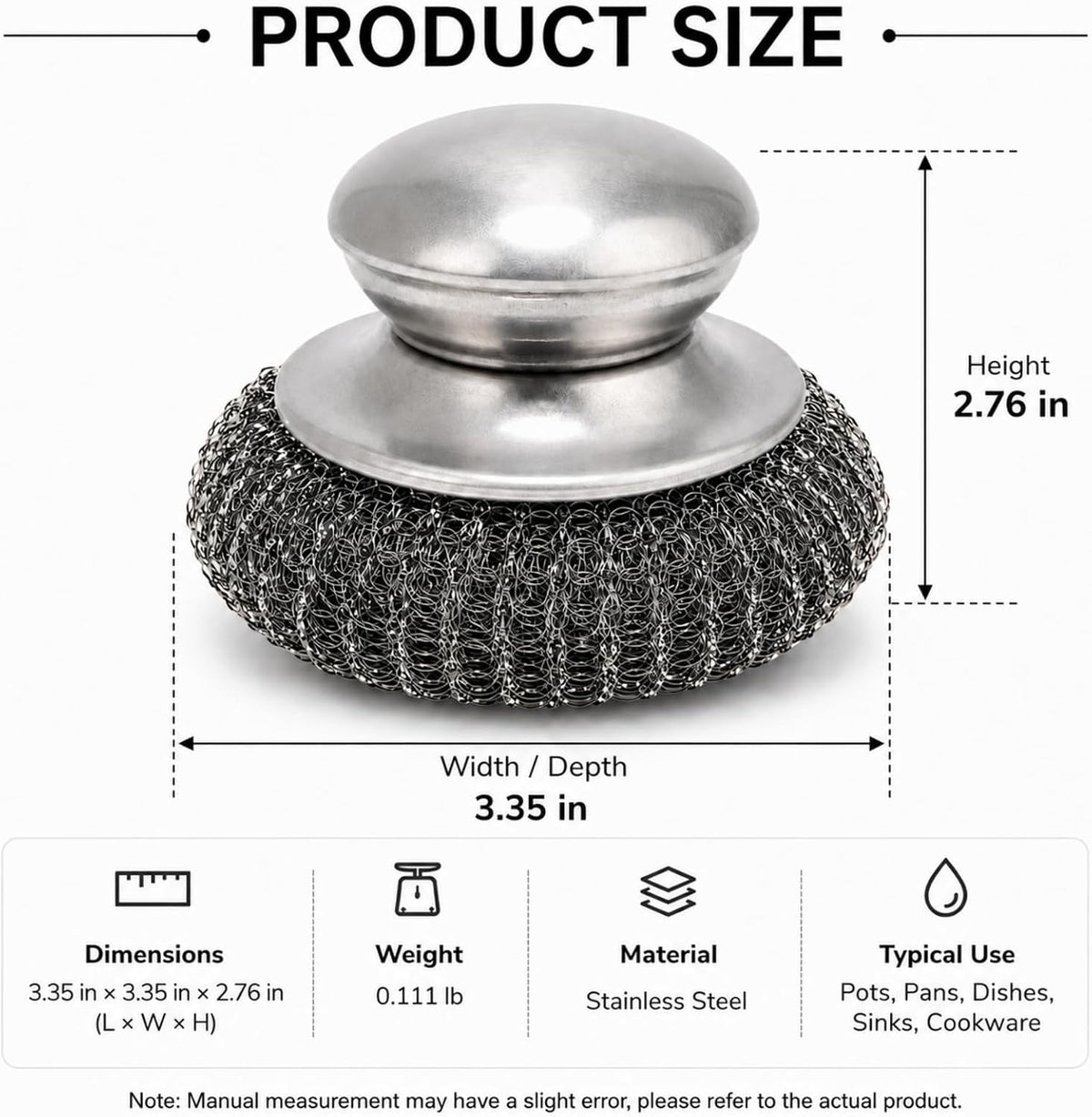 HiramWare Steel Wool Scrubbers with Stainless Steel Handle, 5 Pads