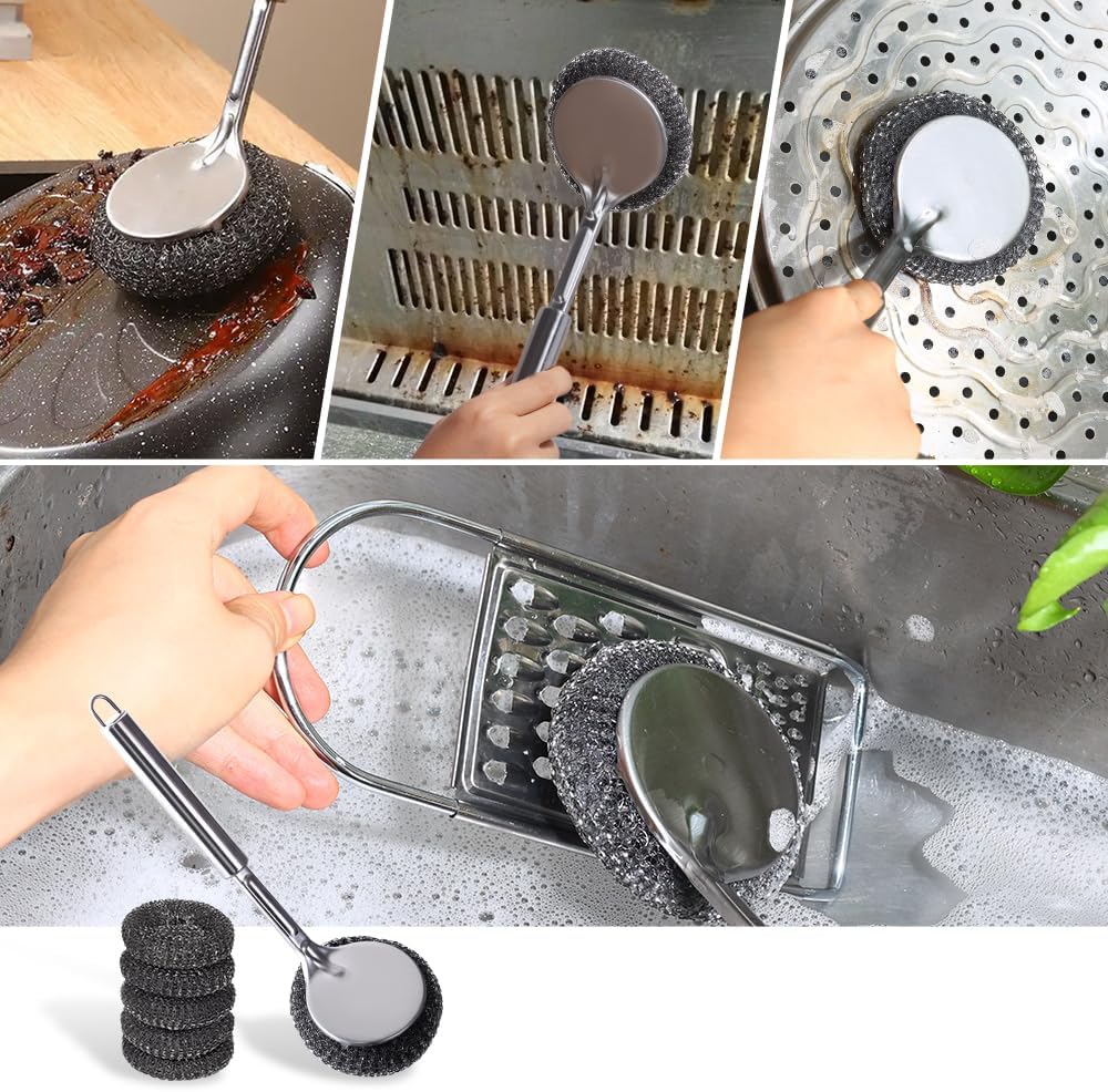 Long Handle Steel Wool Brush Set – 6 Replacement Heads & 1 Long Handle, Heavy-Duty Scrubber for Dishes, Outdoor Grill, Rust Removal, Floors, Commercial Flat Top, Drill & Kitchen Cleaning