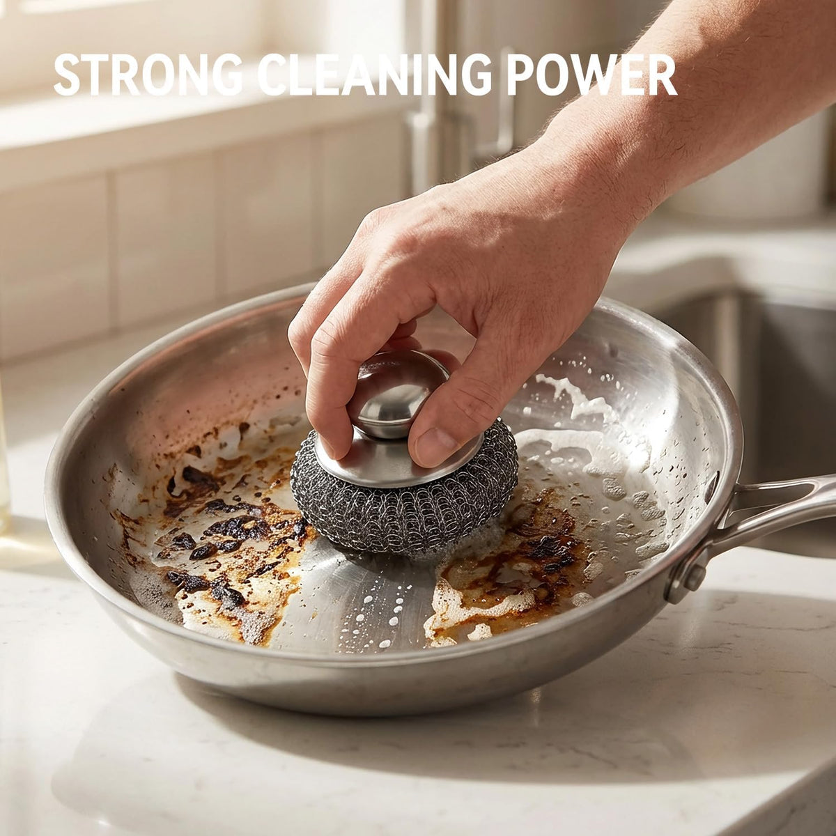 5 Pcs Steel Wool Scrubber with Handle: Stainless Steel Scrub Set for Cast Iron Scouring Stubborn Messes from Cast Iron, Pots, Pans, Grill, Stoves, Sink (1 Scrubber + 5 Pads)